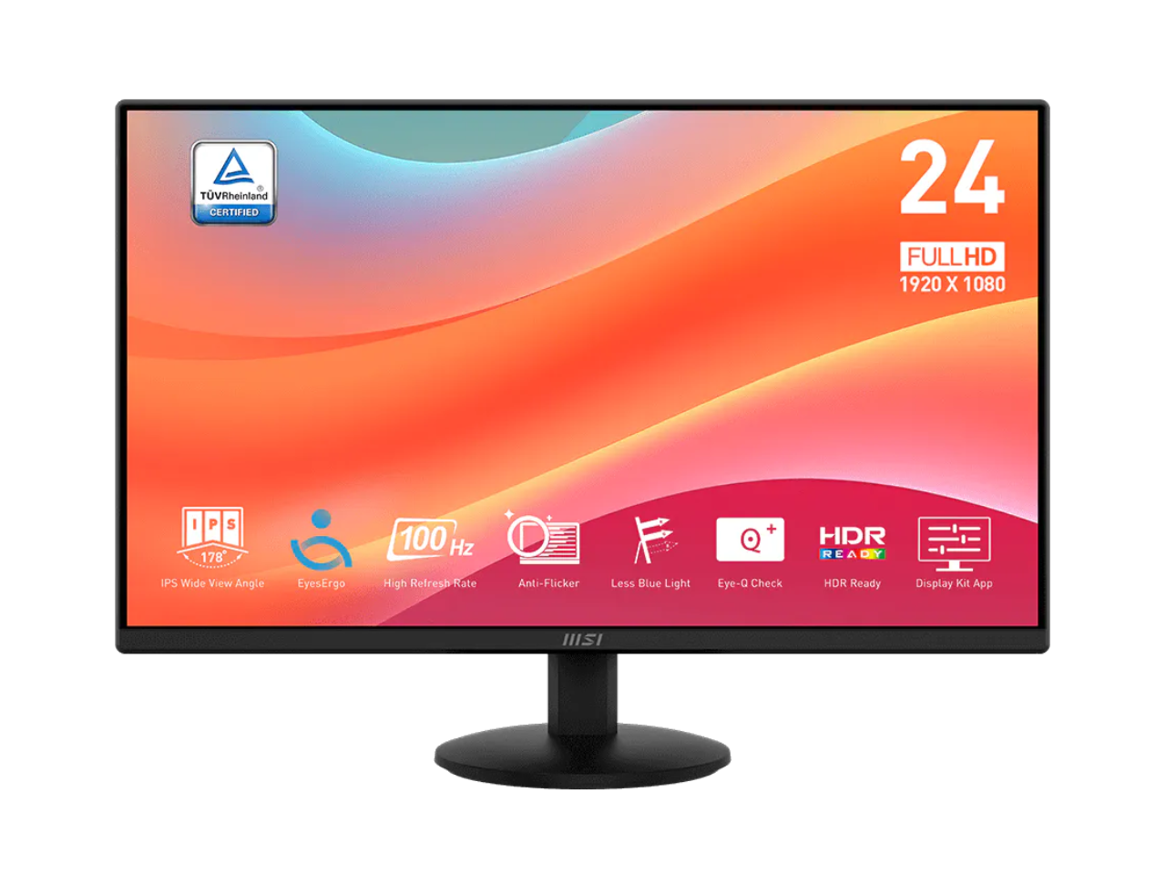 TVRheinland CERTIFIED 24 FULLHD 1920 X 1080 I P S 178 100 Hz + HDR R E A Y IPS Wide View Angle EyesErgo High Refresh Rate Anti-Flicker Less Blue Light Eye-Q Check HDR Ready Display Kit App HISI