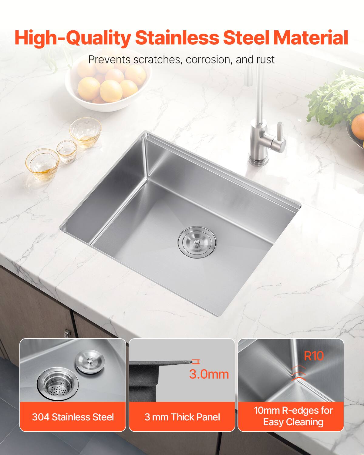 High-Quality Stainless Steel Material
Prevents scratches, corrosion, and rust
304 Stainless Steel
3 mm Thick Panel
10mm R-edges for Easy Cleaning