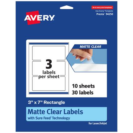 Go to avery.com/templates
Use Avery Template Presta® 94250
MATTE CLEAR
3 labels per sheet
10 sheets 30 labels
3" x 7" Rectangle Matte Clear Labels with Sure Feed® Technology for Laser/Inkjet