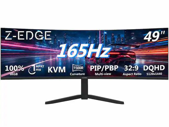 Z-EDGE 49" 165Hz 100% sRGB 1 ms MPRT KVM 1500R Curvature PIP/PBP Multi-view 32:9 DQHD Aspect Ratio 5120x1440