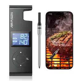 AIRMSEN - 600FT Wireless Meat Thermometer, Bluetooth 5.4 Digital Food Cooking Thermometer with Standalone Base - Black