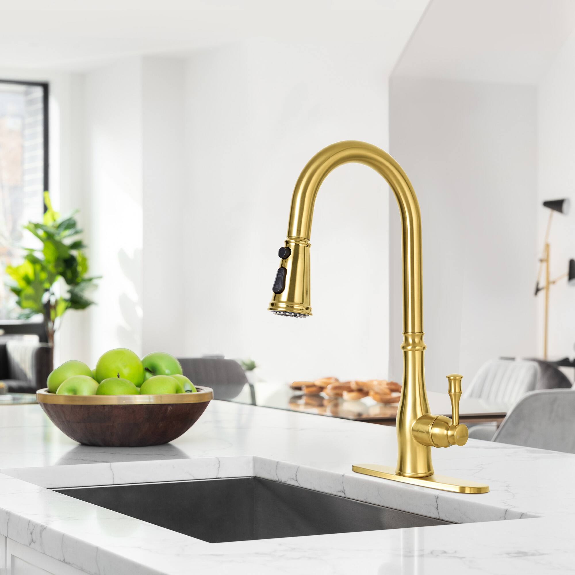 Alt View 7. Akicon - Akicon Single Handle 3-Function Spring Stainless Steel Kitchen Faucet with Pull Down Sprayer in Brushed Gold - Brushed Gold.