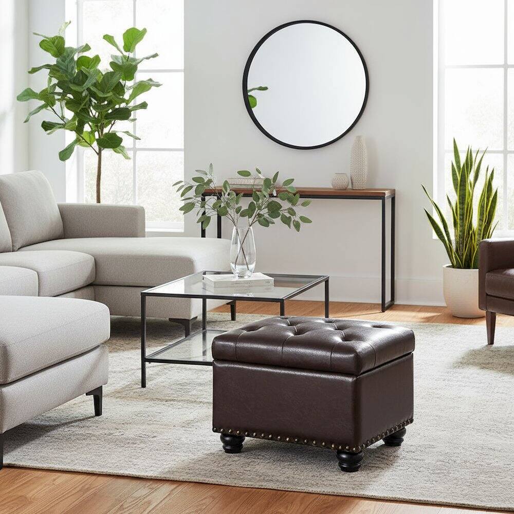 Alt View 2. FurniFact - Storage Ottoman Footrest Chair in Brown Faux Leather - Espresso Faux Leather.