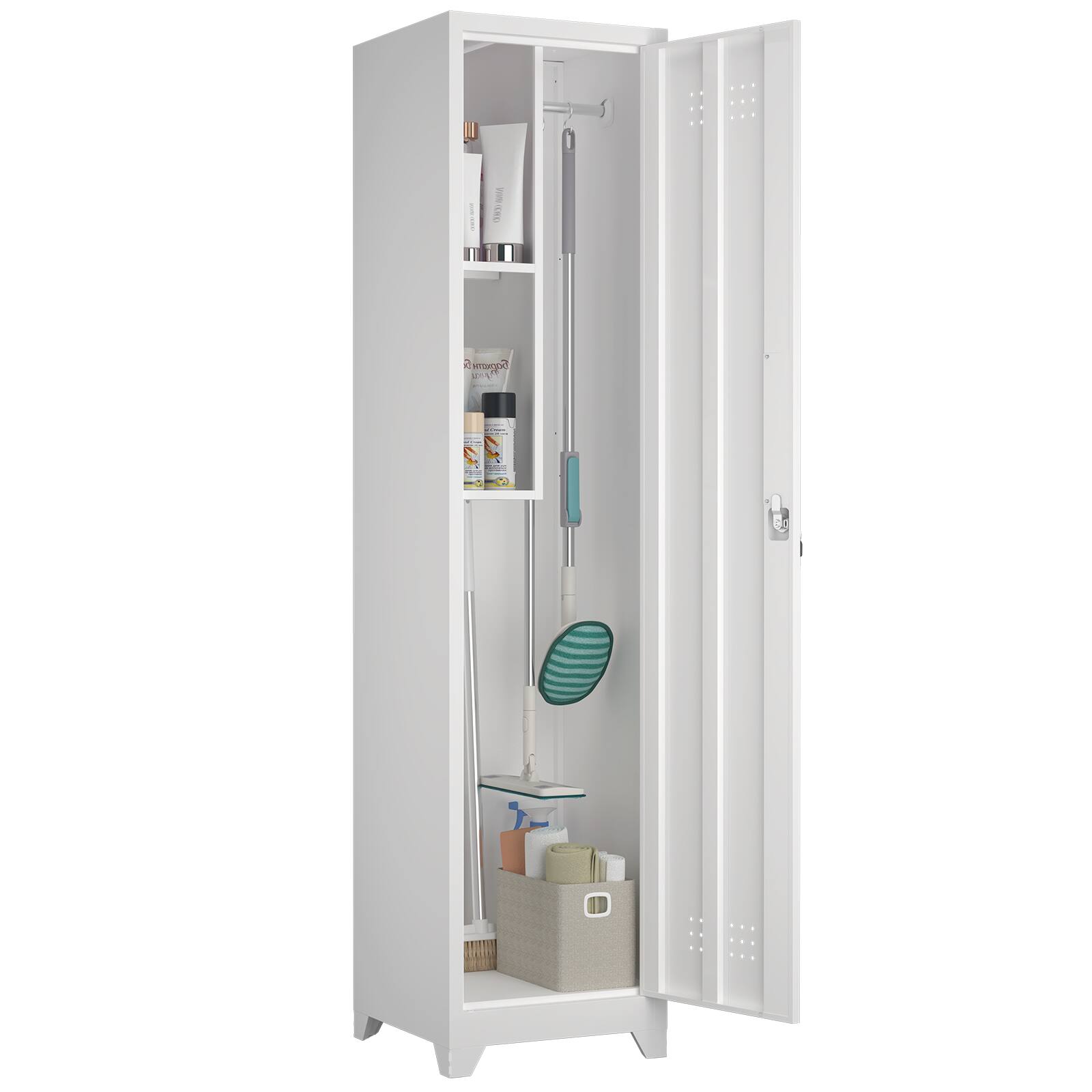 Angle. Forest'nSky - 65" Narrow Metal Cleaning Cabinet with Hooks & Shelves - Heavy-Duty Utility Storage - White.