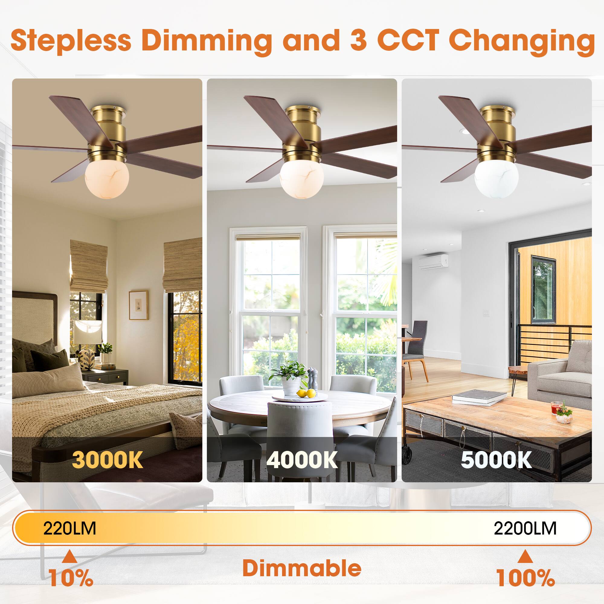 Stepless Dimming and 3 CCT Changing  
3000K 4000K 5000K  
220LM 2200LM  
10% Dimmable 100%