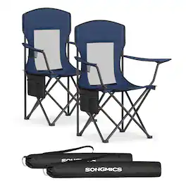 Songmics Home - Breathable Camping Chairs, Foldable Outdoor Chairs Set of 2, High Back, Adjustable Armrests, Drink Holder - Harbor Blue
