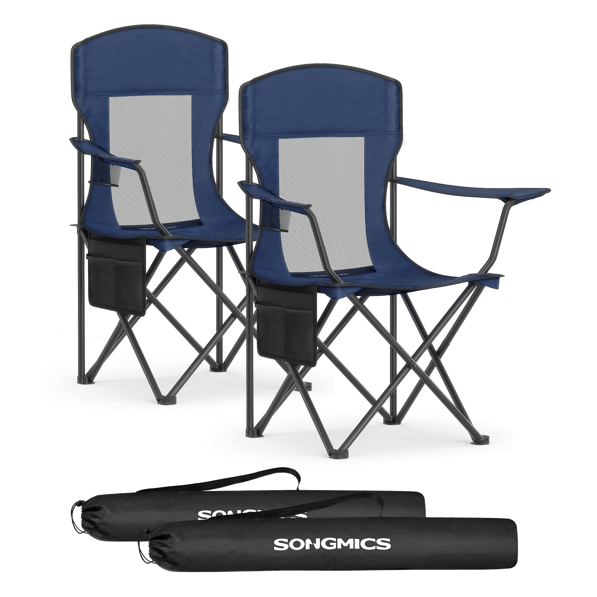 Front. Songmics Home - Breathable Camping Chairs, Foldable Outdoor Chairs Set of 2, High Back, Adjustable Armrests, Drink Holder - Harbor Blue.