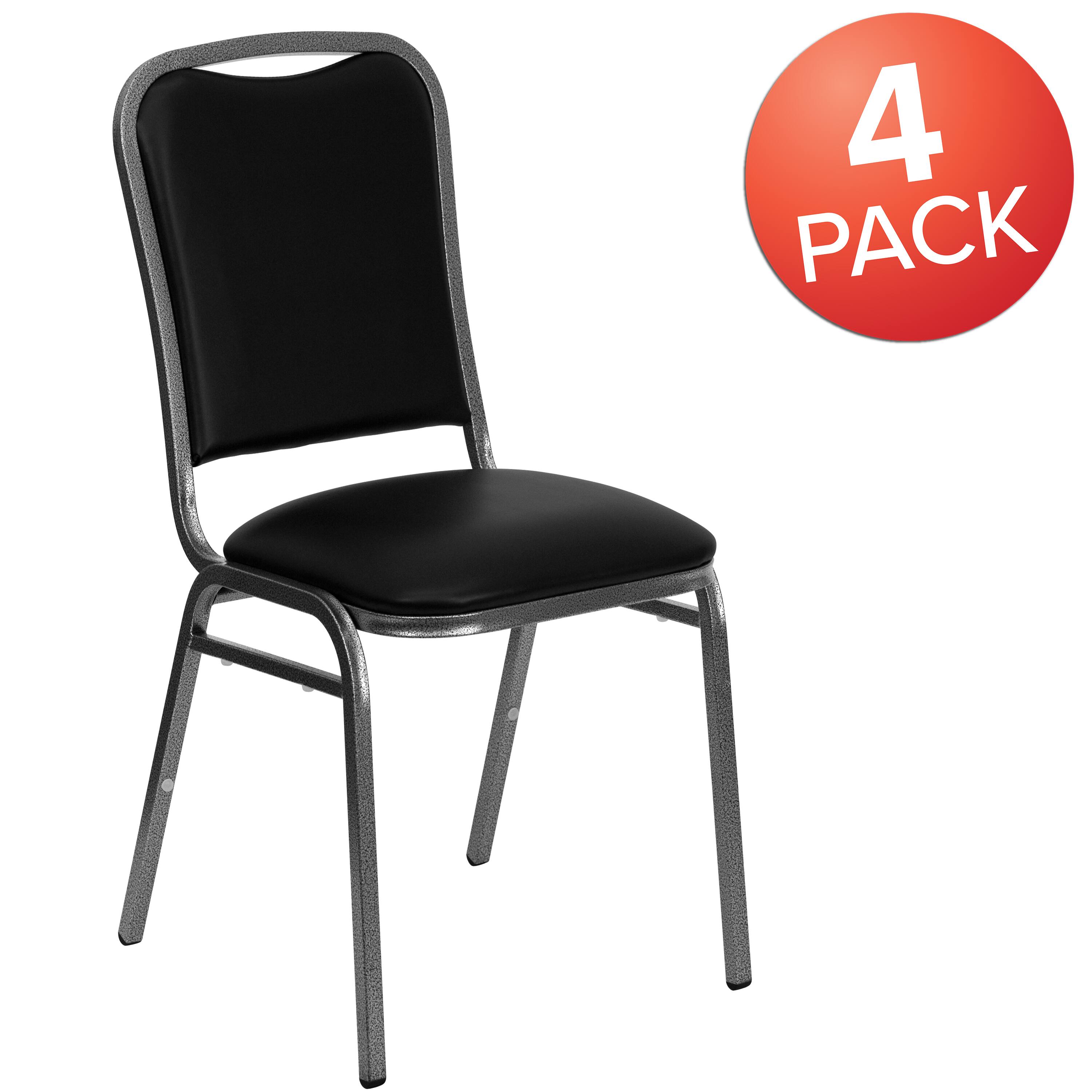 Alt View 1. Emma + Oliver - 4 Pack Stacking Banquet Chair with Vinyl and 1.5'' Thick Seat - Frame - Black Vinyl/Silver Vein Frame.