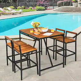 Gymax - 5PCS Patio Bar Table Set PE Rattan High-Dining Bistro Set w/ Acacia Wood Top - Black