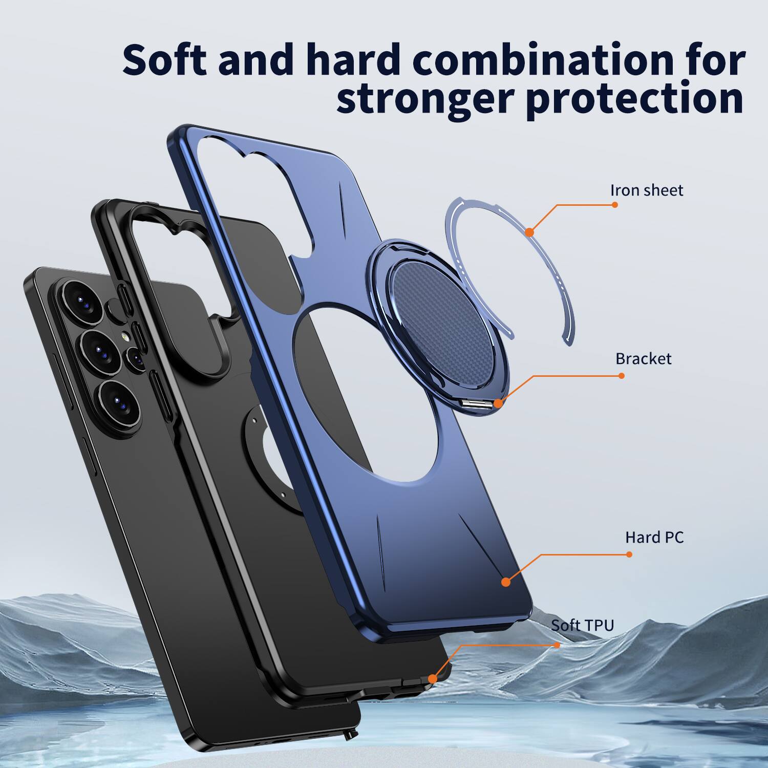 Soft and hard combination for stronger protection

Iron sheet
Bracket
Hard PC
Soft TPU