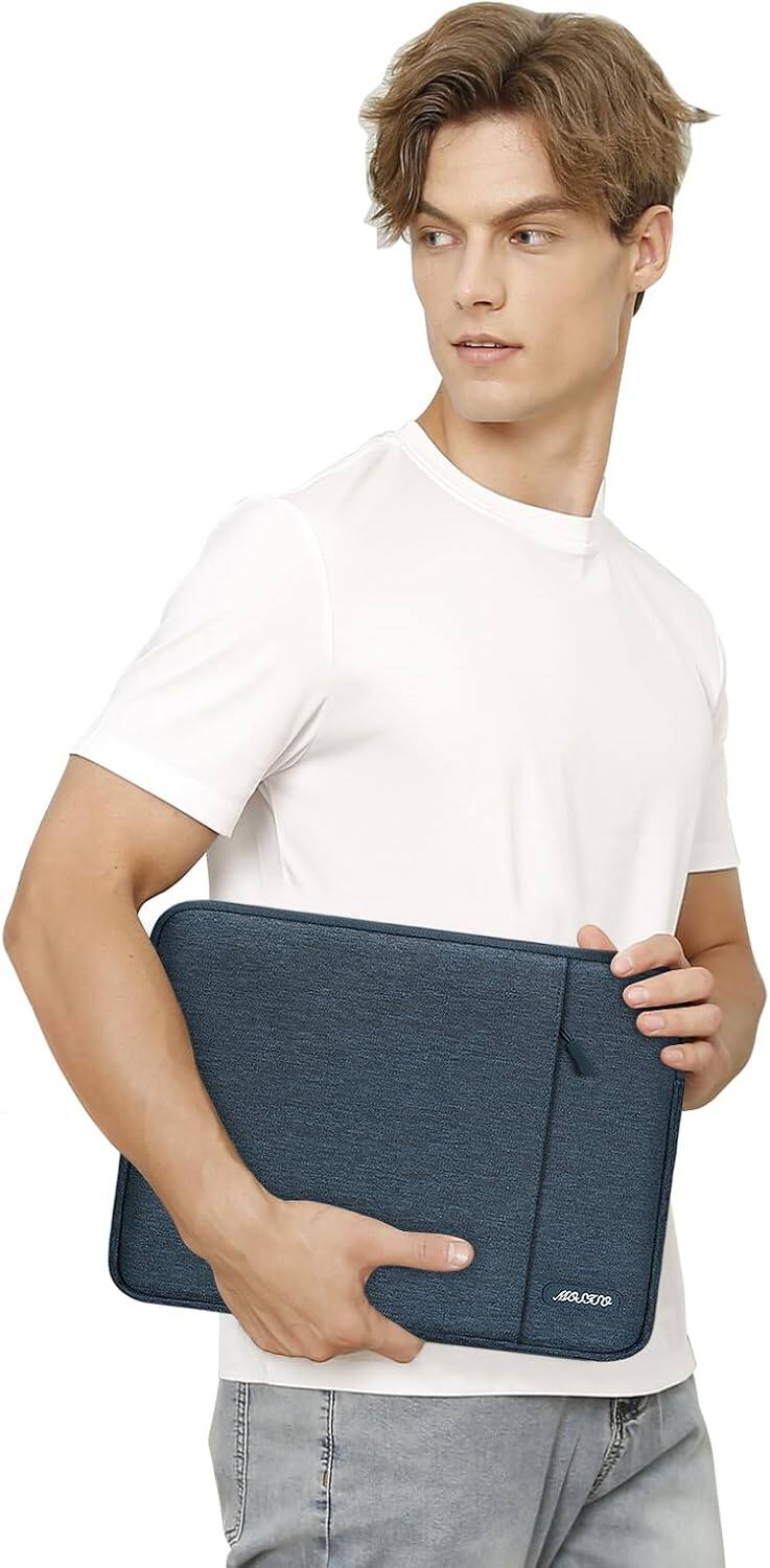 Alt View 1. mosiso - 15 inch Laptop Sleeve with Pocket, Polyester Vertical Case for MacBook Air 15 inch M5 M4 M3 M2, Acer Dell XPS Lenovo - Haze Blue.