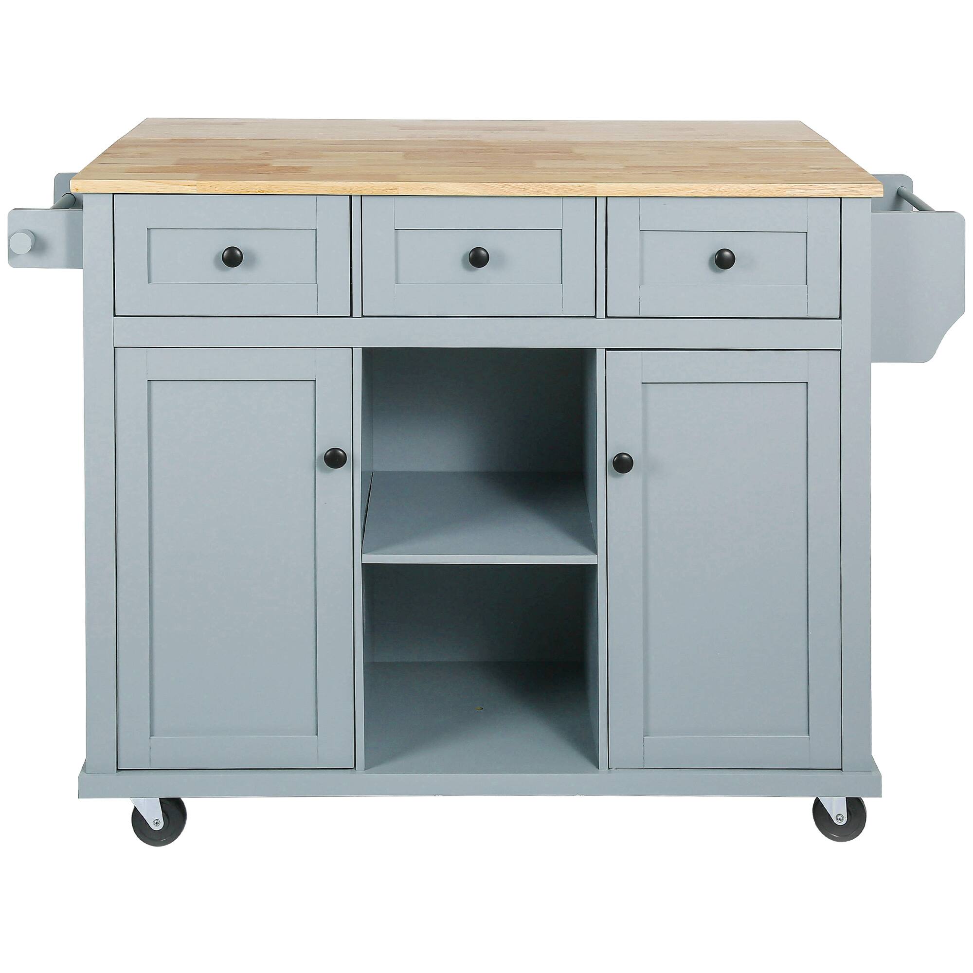 Alt View 1. Forest'nSky - Kitchen Cart with Rubber Wood Drop-Leaf Countertop – 5 Wheels, Storage Cabinet, 3 Drawers & Internal Door Racks, Blue - Blue.