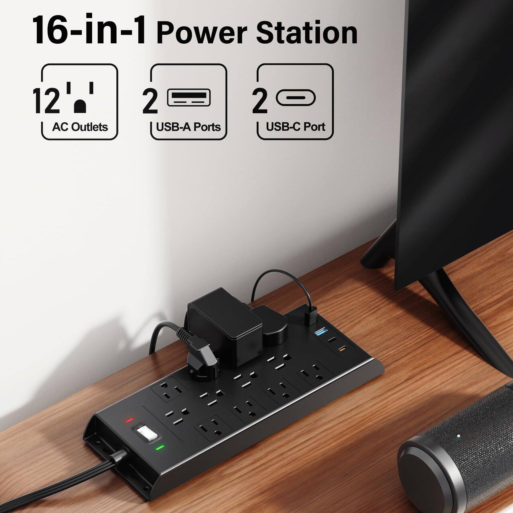 16-in-1 Power Station  
12 AC Outlets  
2 USB-A Ports  
2 USB-C Ports
