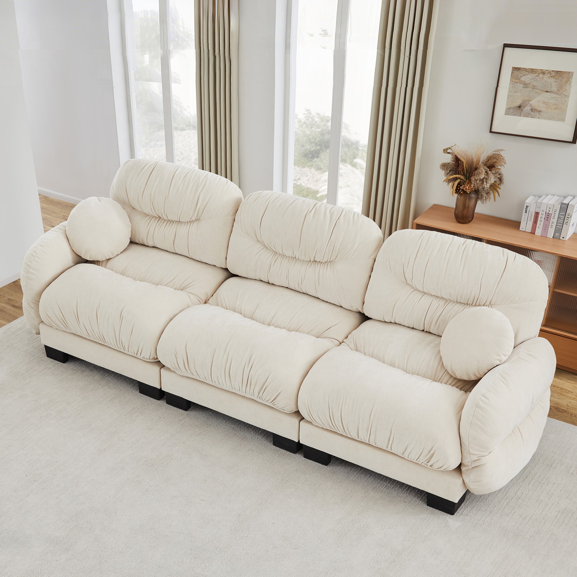 Anysun - 3 Seater Modular Sofa with Chenille Fabric, High-Density Foam & Curved Armrests, Pleated Design for Living Room - Beige