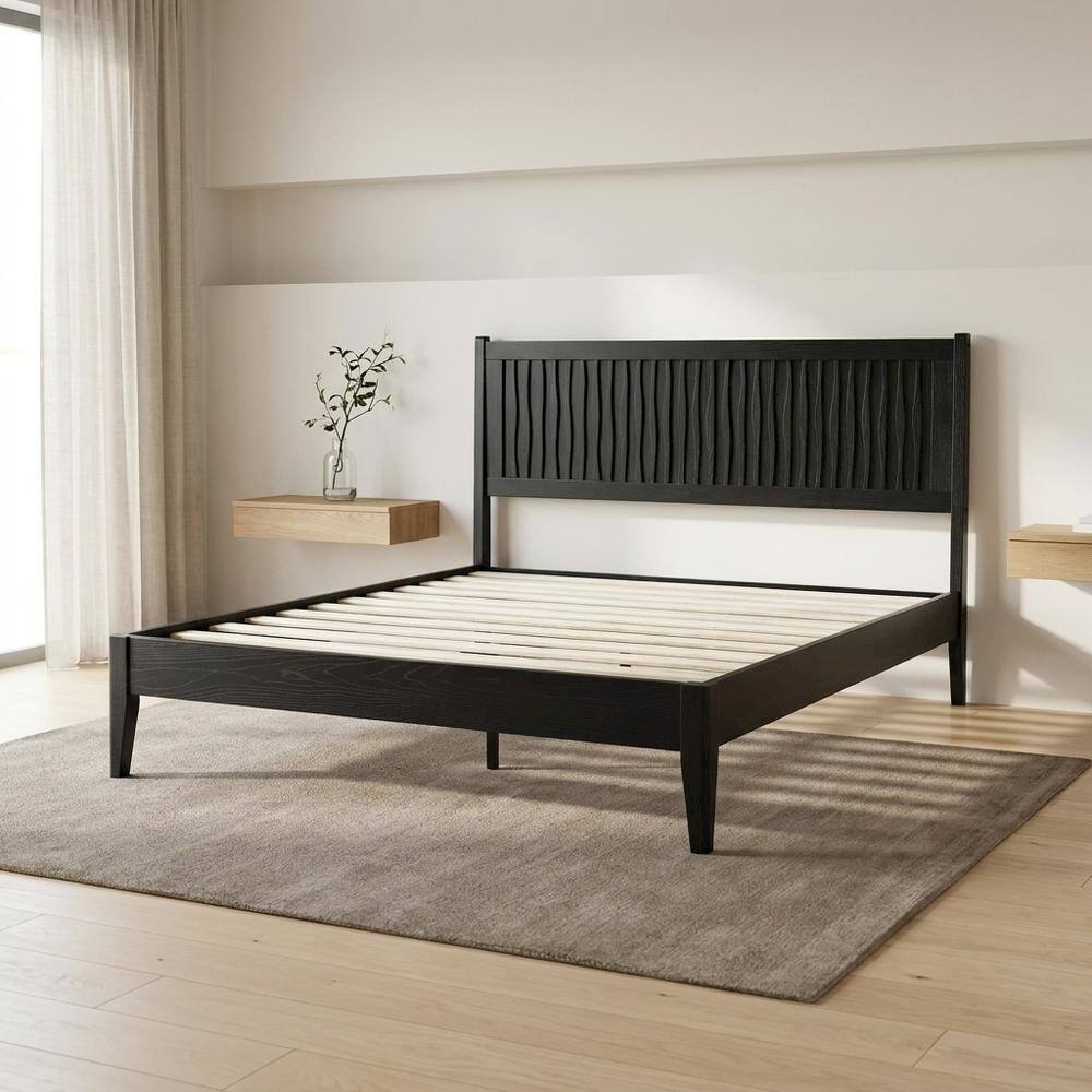 Alt View 4. FurniFact - Solid Wood Platform Bed - Ebony Oak.