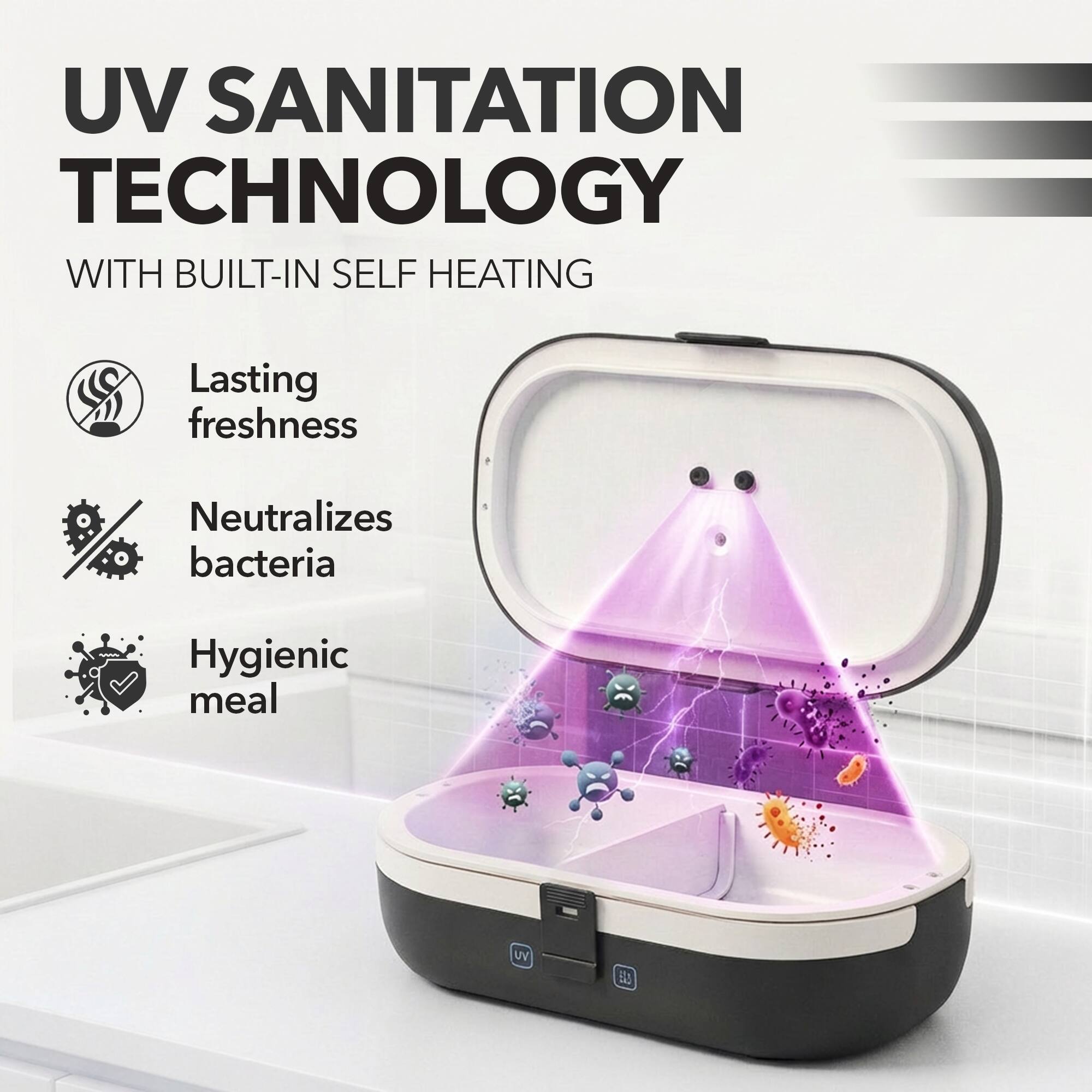 UV Sanitation Technology with Built-in Self Heating

- Lasting freshness
- Neutralizes bacteria
- Hygienic meal