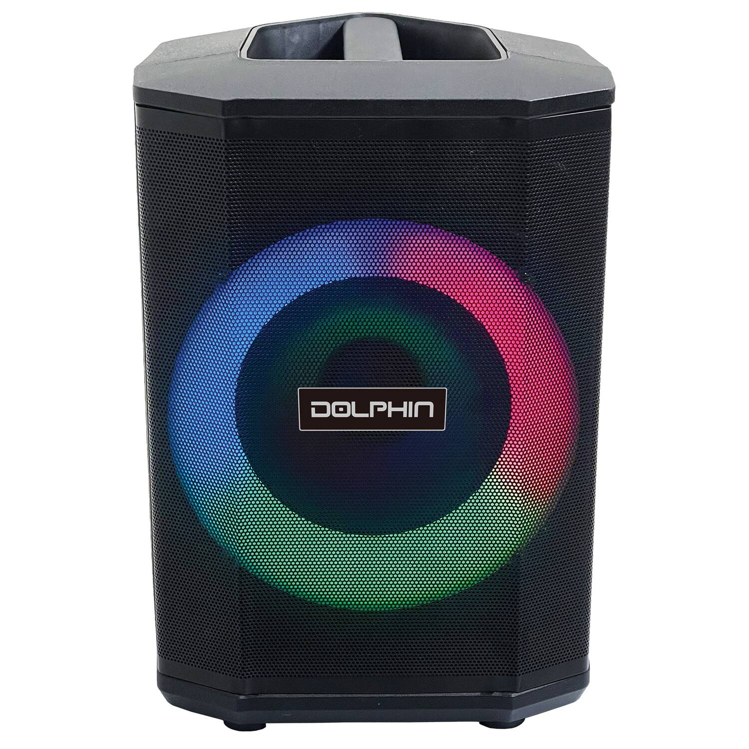 Left. Dolphin Audio - Tilt 880 Rechargeable 8" Portable Bluetooth Party Speaker, Tilt Function, LED Light Ring, Wireless Microphone, Remote - Black.