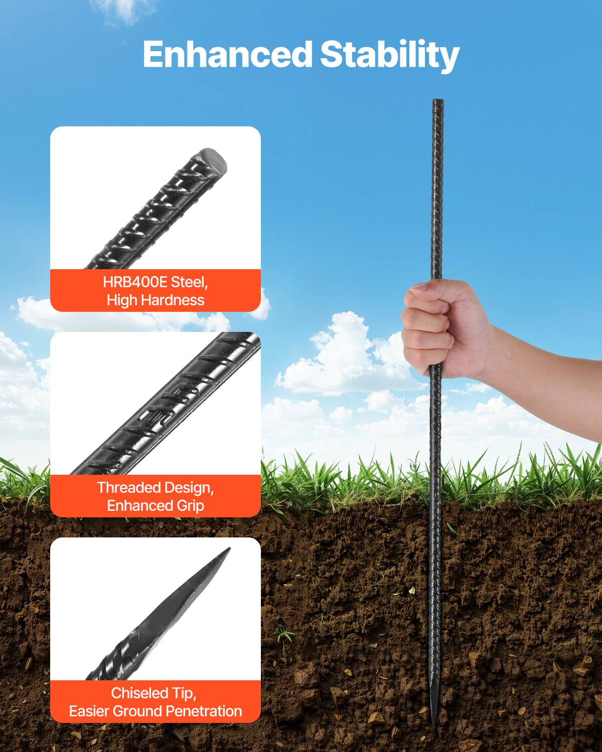 Enhanced Stability

HRB400E Steel, High Hardness

Threaded Design, Enhanced Grip

Chiseled Tip, Easier Ground Penetration
