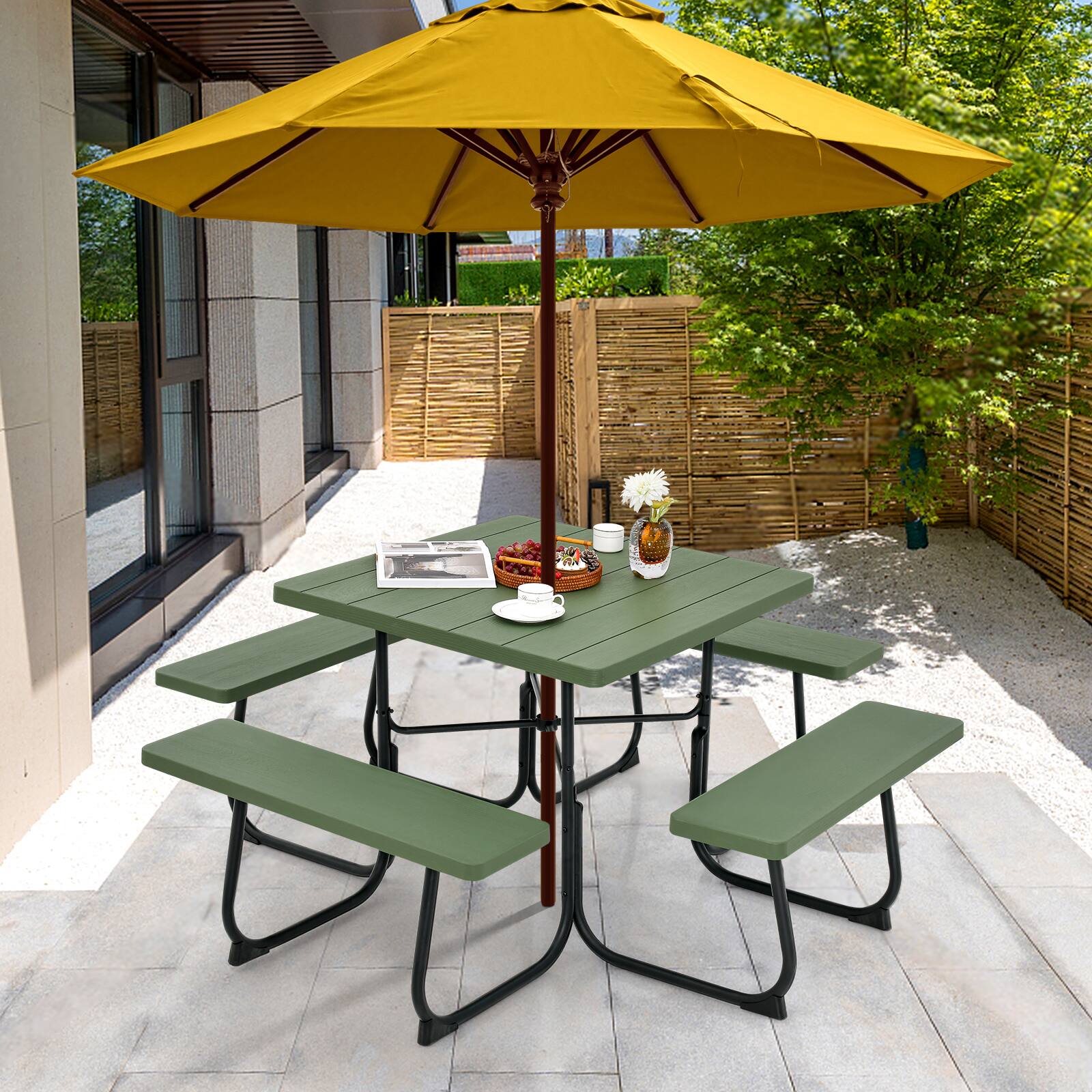 Alt View 1. Gymax - Gymax Outdoor Picnic Table 8-person Square Picnic Table Bench Set w/ 4 Benches & Umbrella Hole Green - Green.