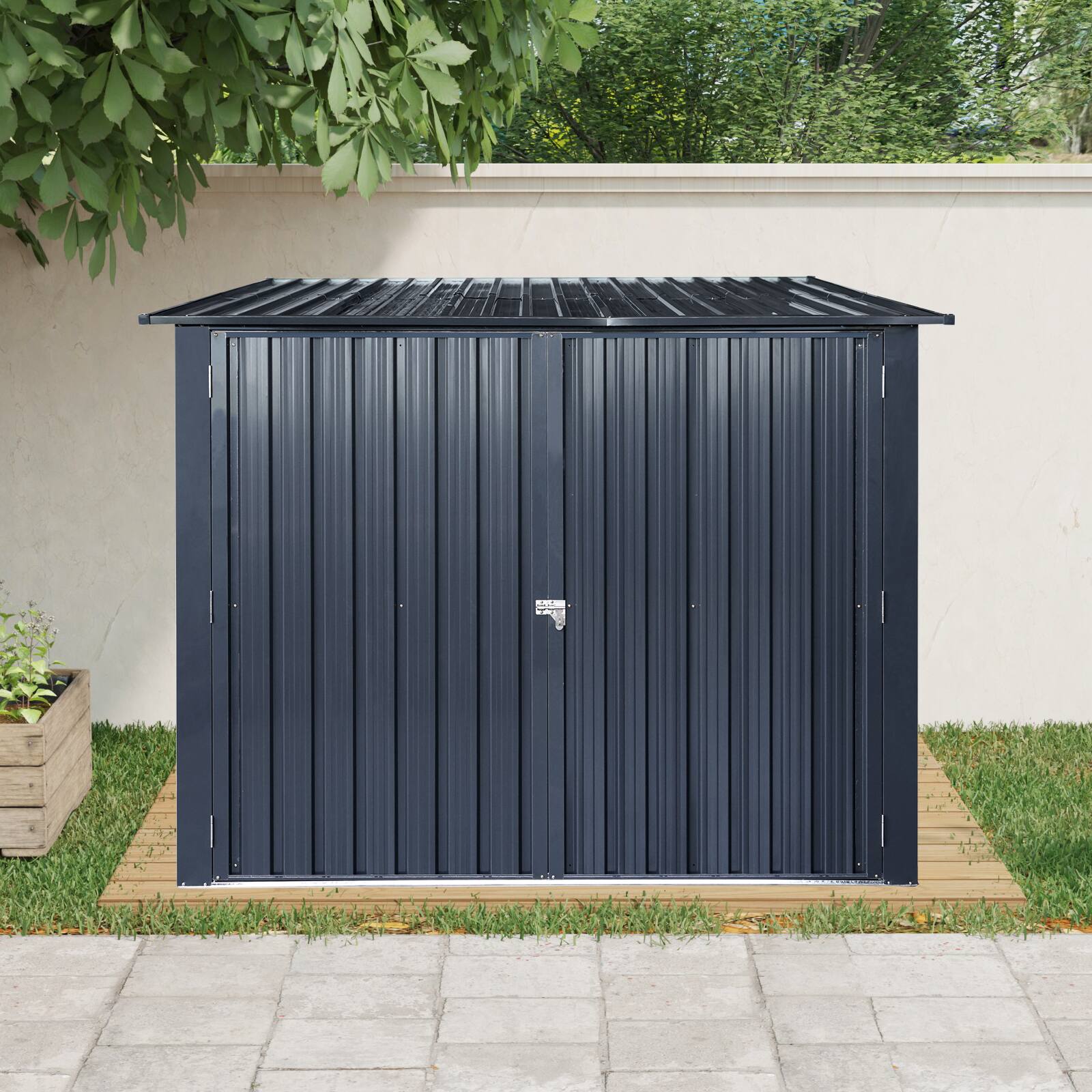 Angle. Mondawe - Outdoor Steel Storage Shed For Bicycle with Slope Roof and 4 Bike Tracks - Black.