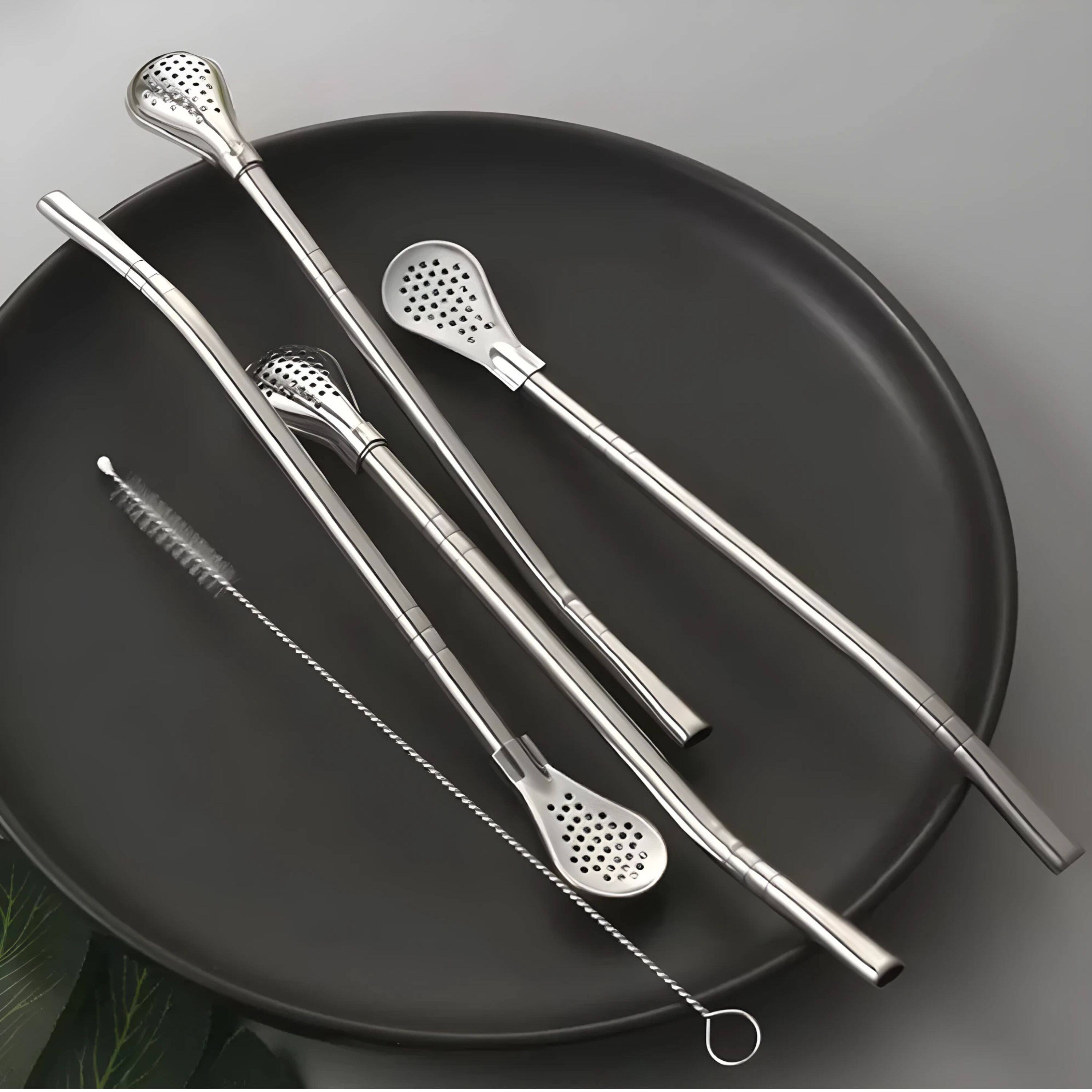 Left. Kitcheniva - 6 Pcs Stainless Steel Reusable Drinking Straw Set With Filter Spoon & Brushes - Silver.