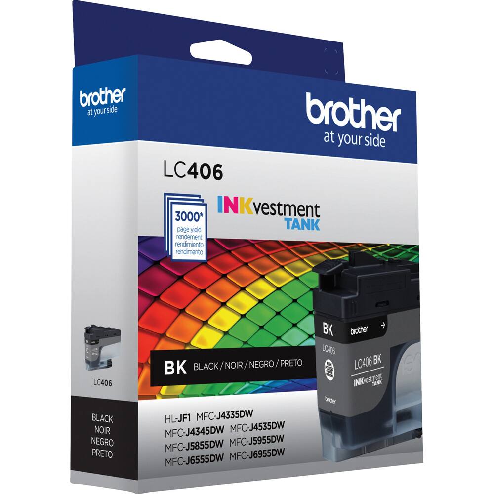 brother at your side

LC406

3000* page yield
rendement
rendimiento
rendimento

INKvestment TANK

BK BLACK / NOIR / NEGRO / PRETO

LC406 BK

HL-JF1 MFC-J4335DW
MFC-J4345DW
MFC-J4535DW
MFC-J5855DW
MFC-J5955DW
MFC-J6555DW
MFC-J6955DW