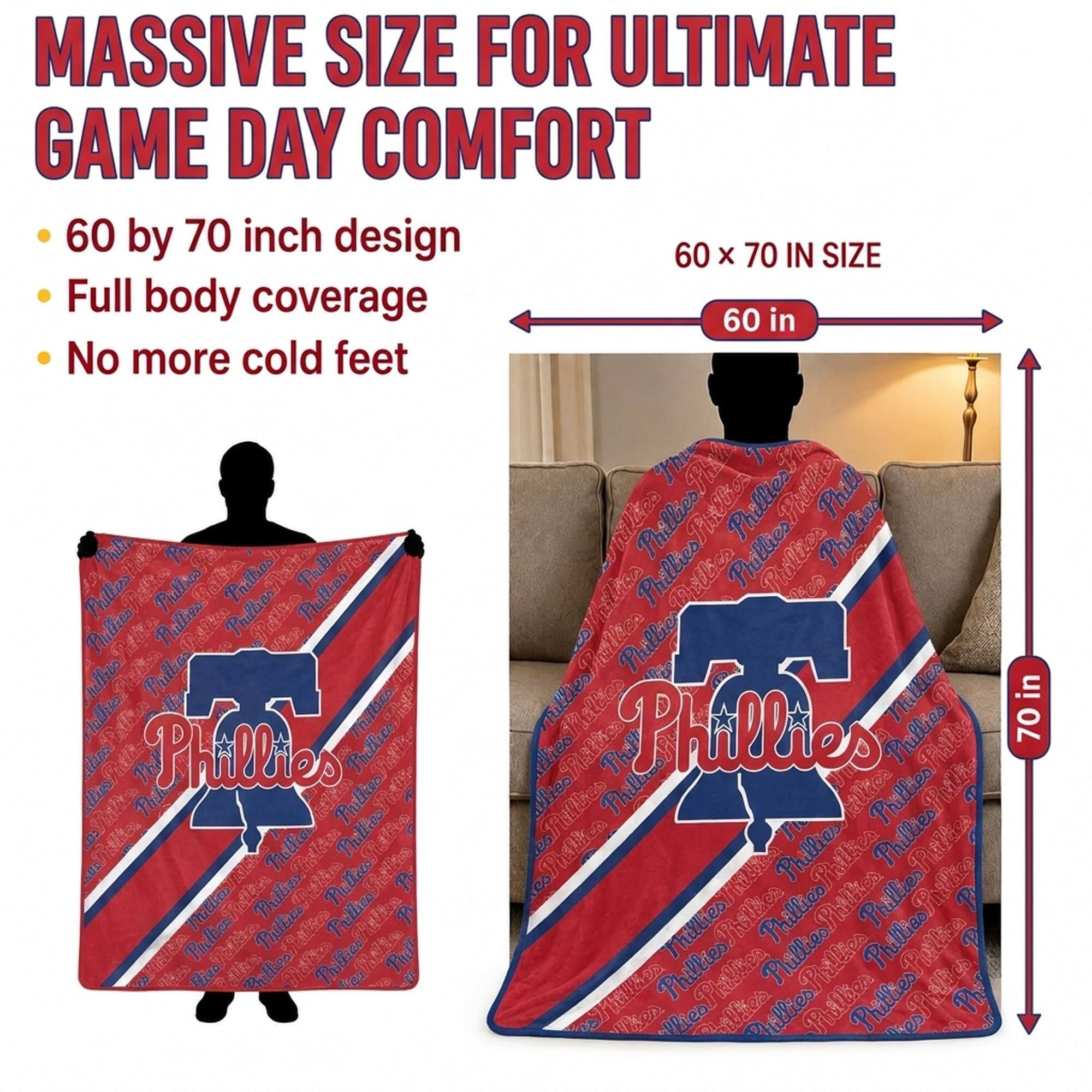 MASSIVE SIZE FOR ULTIMATE GAME DAY COMFORT  
60 by 70 inch design  
Full body coverage  
No more cold feet  

60 x 70 IN SIZE  
60 in  
70 in