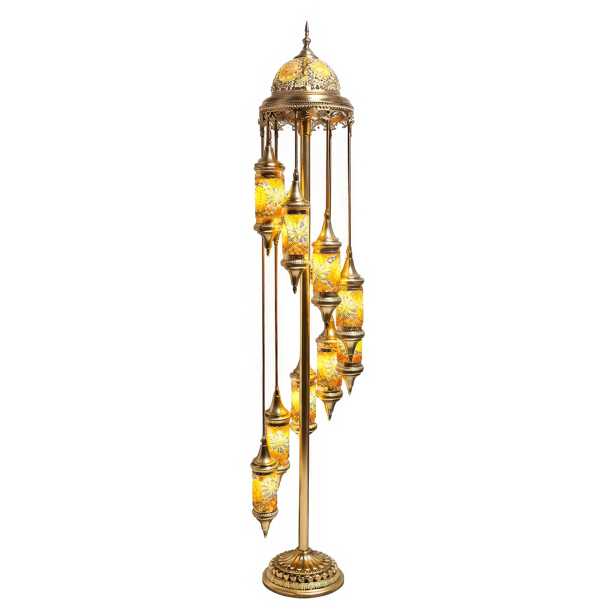 Angle. FC Design - 81"H Gold Base Spiral Turkish Lamp w/ 9 Yellow Mosaic Lantern Bulbs.