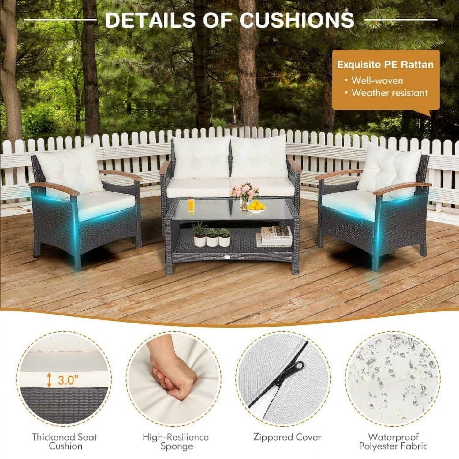 DETAILS OF CUSHIONS

- Exquisite PE Rattan
  - Well-woven
  - Weather resistant

- Thickened Seat Cushion: 3.0"
- High-Resilience Sponge
- Zippered Cover
- Waterproof Polyester Fabric