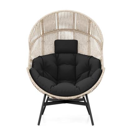 Front. Pefilos - Wicker Oversized Egg Chair with Two 12" Extra-Thick Cushions, and Headrest, Versatile for Porch, Yard, Garden Set of 1 - Black.