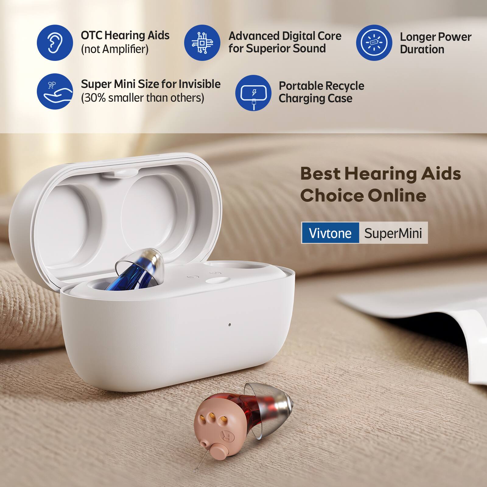 OTC Hearing Aids (not Amplifier), Advanced Digital Core for Superior Sound, Longer Power Duration, Super Mini Size for Invisible (30% smaller than others), Portable Recycle Charging Case, Best Hearing Aids Choice Online, Vivtone SuperMini