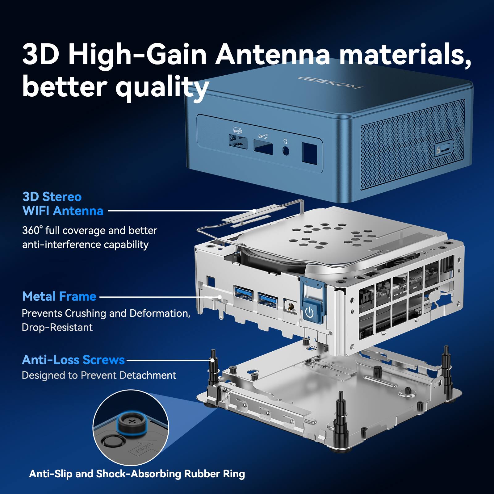 3D High-Gain Antenna materials, better quality

3D Stereo WIFI Antenna
360° full coverage and better anti-interference capability

Metal Frame
Prevents Crushing and Deformation, Drop-Resistant

Anti-Loss Screws
Designed to Prevent Detachment

Anti-Slip and Shock-Absorbing Rubber Ring