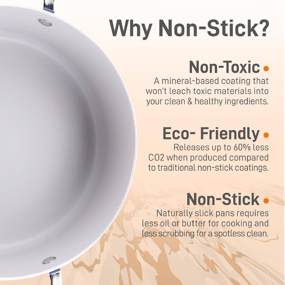 Why Non-Stick?

Non-Toxic  
A mineral-based coating that won't leach toxic materials into your clean & healthy ingredients.

Eco-Friendly  
Releases up to 60% less CO2 when produced compared to traditional non-stick coatings.

Non-Stick  
Naturally slick pans require less oil or butter for cooking and less scrubbing for a spotless clean.