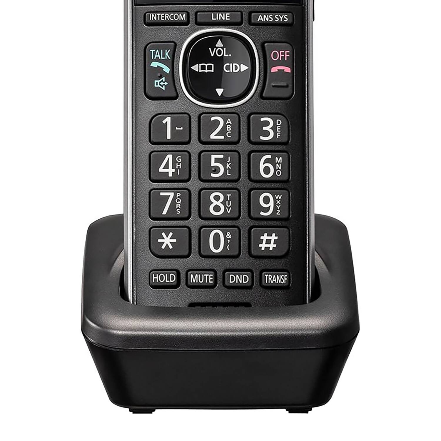 Sure, here is the corrected and grouped text from the image:

**Top Section:**
- INTERCOM
- LINE
- ANS SYS

**Volume Control:**
- VOL
- CID (with an arrow pointing down)

**Buttons:**
- TALK
- 1 (GHI)
- 2 (ABC)
- 3 (DEF)
- 4 (GHI)
- 5 (JKL)
- 6 (MNO)
- 7 (PQRS)
- 8 (TUV)
- 9 (WXYZ)
- 0
- * (Asterisk)
- # (Hash)

**Bottom Section:**
- HOLD
- MUTE
- DND
- TRANSF

**Additional:**
- OFF (with a red indicator)