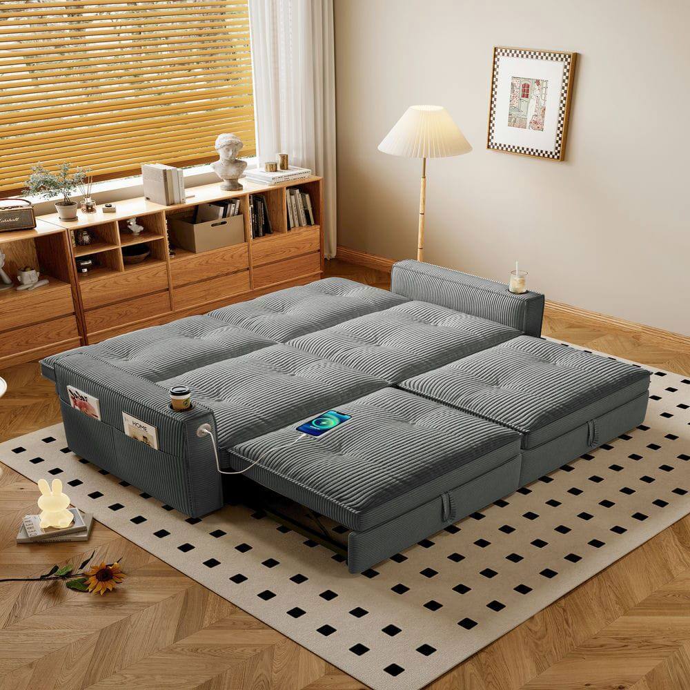 Left. Kadyn - 2-in-1 Multi-Functional Sofa Bed for Sitting & Sleeping, Modern Corduroy Fabric Sofa for Living Room, Gray - Gray.