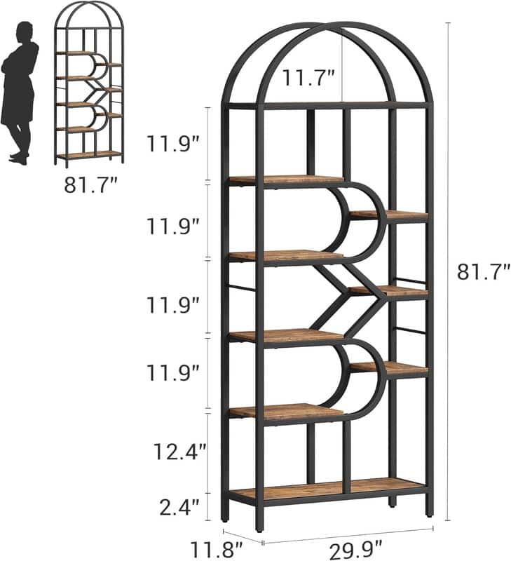 GARVEE - 6-Tier 81.7" Tall Arched Bookshelf, Geometric Freestanding Bookcase and Open Display Storage Rack for Home Office - Brown