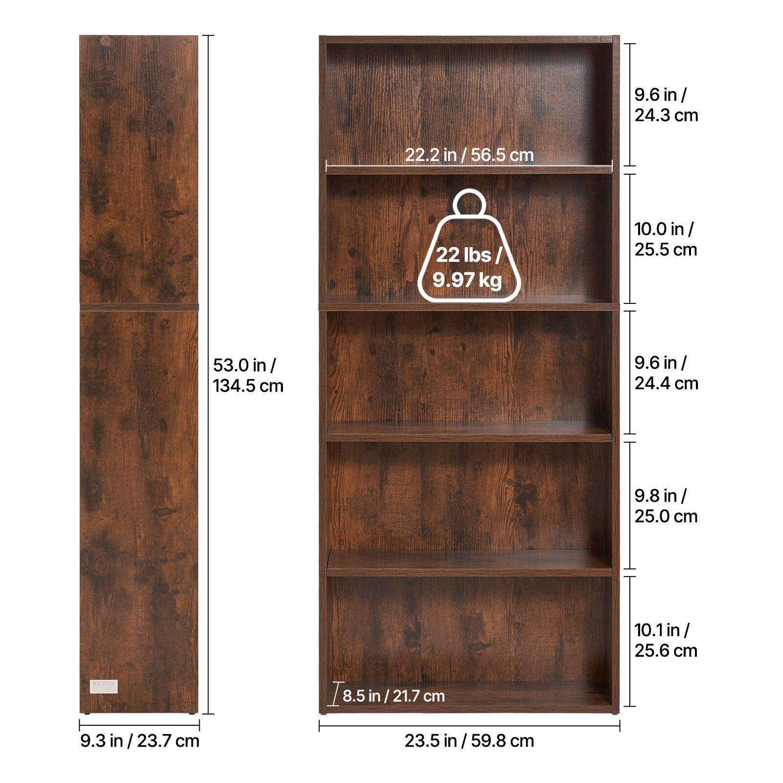 9.3 in / 23.7 cm, 53.0 in / 134.5 cm, 22.2 in / 56.5 cm, 9.6 in / 24.3 cm, 10.0 in / 25.5 cm, 9.6 in / 24.4 cm, 9.8 in / 25.0 cm, 10.1 in / 25.6 cm, 8.5 in / 21.7 cm, 23.5 in / 59.8 cm