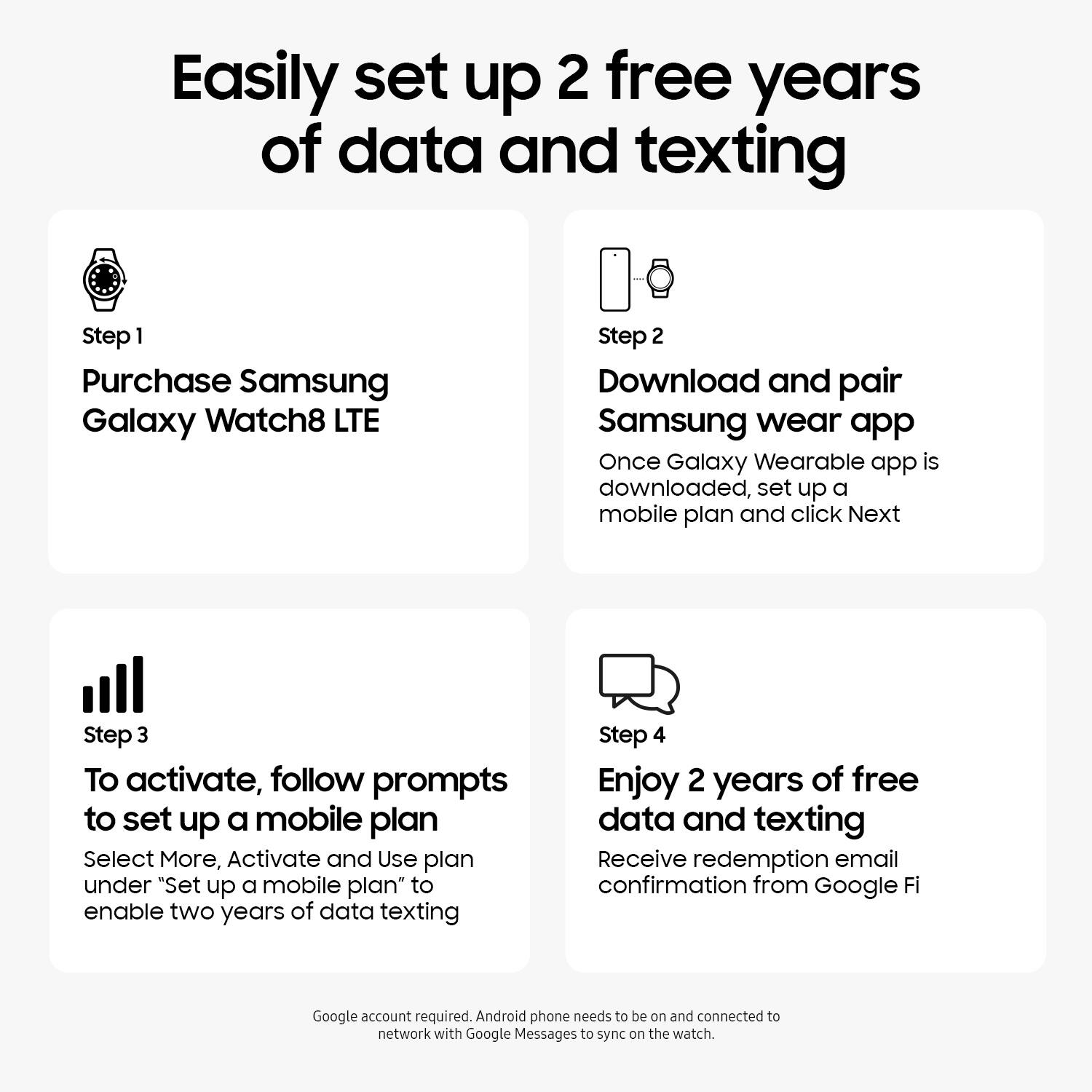 Easily set up 2 free years of data and texting

Step 1: Purchase Samsung Galaxy Watch8 LTE

Step 2: Download and pair Samsung wear app
Once Galaxy Wearable app is downloaded, set up a mobile plan and click Next

Step 3: To activate, follow prompts to set up a mobile plan
Select More, Activate and Use plan under "Set up a mobile plan to enable two years of data texting

Step 4: Enjoy 2 years of free data and texting
Receive redemption email confirmation from Google Fi

Google account required. Android phone needs to be on and connected to network with Google Messages to sync on the watch.