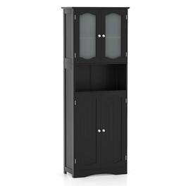 Costway - 64.5" Tall Bathroom Cabinet with Tempered Glass Doors Adjustable Shelves - Black