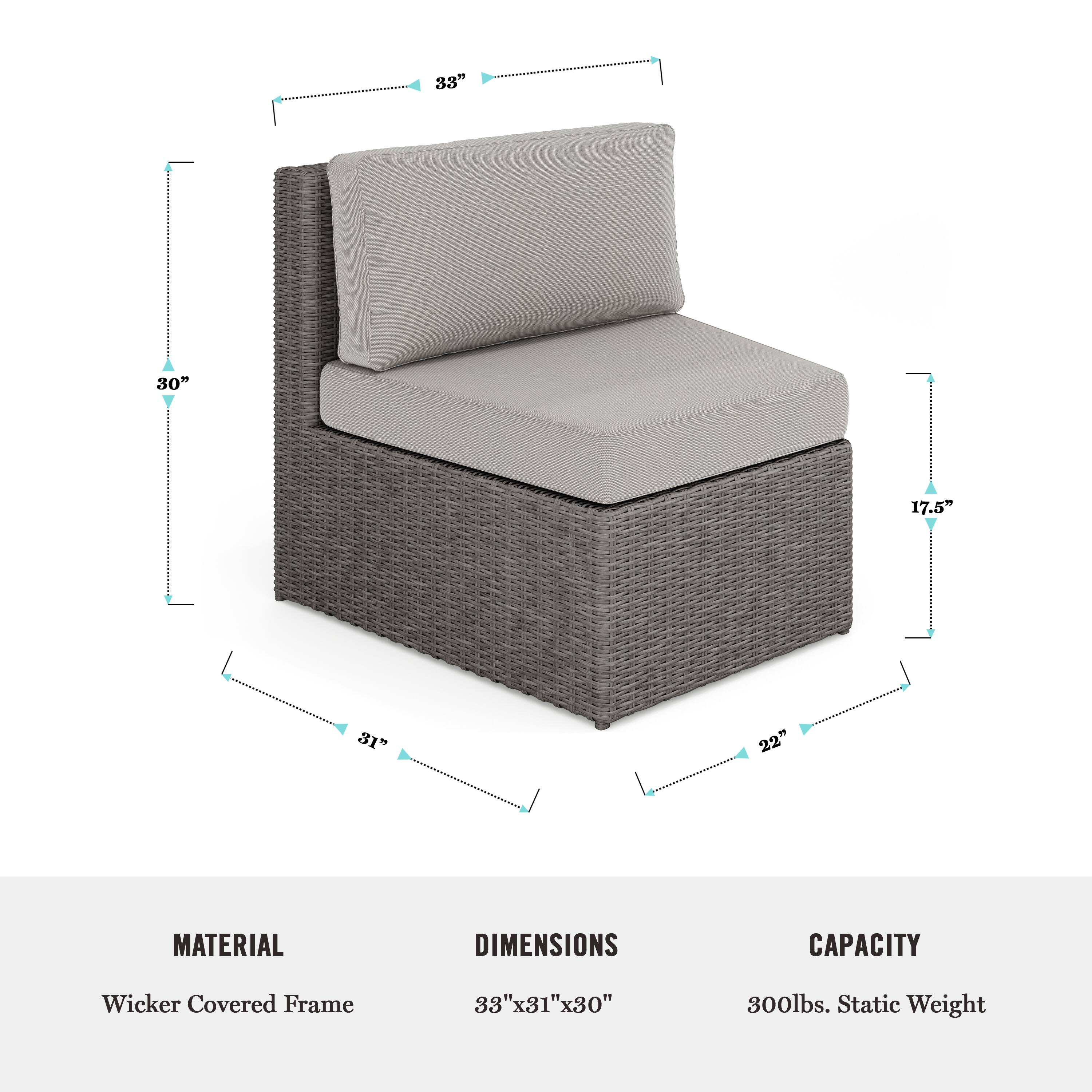 Material: Wicker Covered Frame
Dimensions: 33" x 31" x 30"
Capacity: 300lbs. Static Weight
