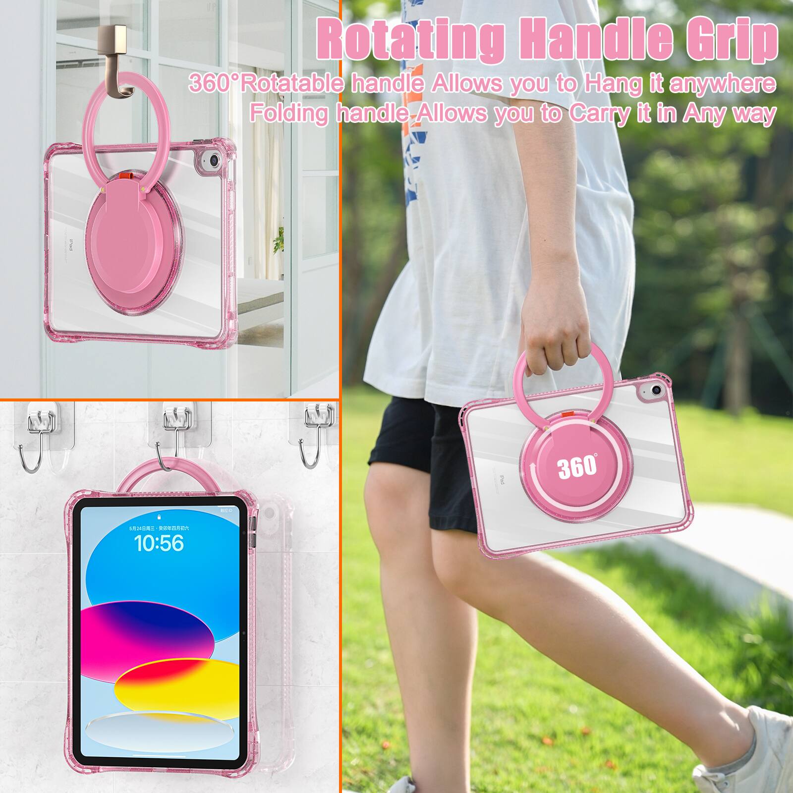 Rotating Handle Grip  
360° Rotatable handle Allows you to Hang it anywhere  
Folding handle Allows you to Carry it in Any way  
360°