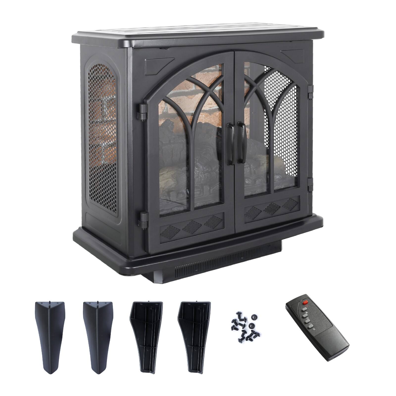 Alt View 5. Ecooso - Cast Iron Free-Standing Electric Fireplace Stove with Double Doors, 1500W 5000 BTU Heater, 3D Flame, Remote and Timer - Antique Black.