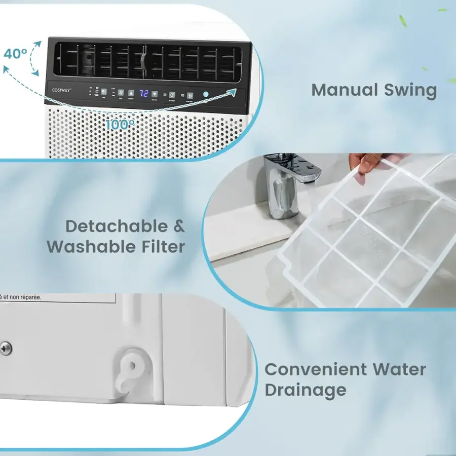 The image shows a product that is a combination of a water filter and a drainage system. The product is described as having a detachable and washable filter, which is a unique feature. Additionally, the product is designed to be convenient for water drainage. The image also includes a manual swing, which is likely a part of the product's functionality. Overall, the product is intended to provide a practical and efficient solution for water filtration and drainage.