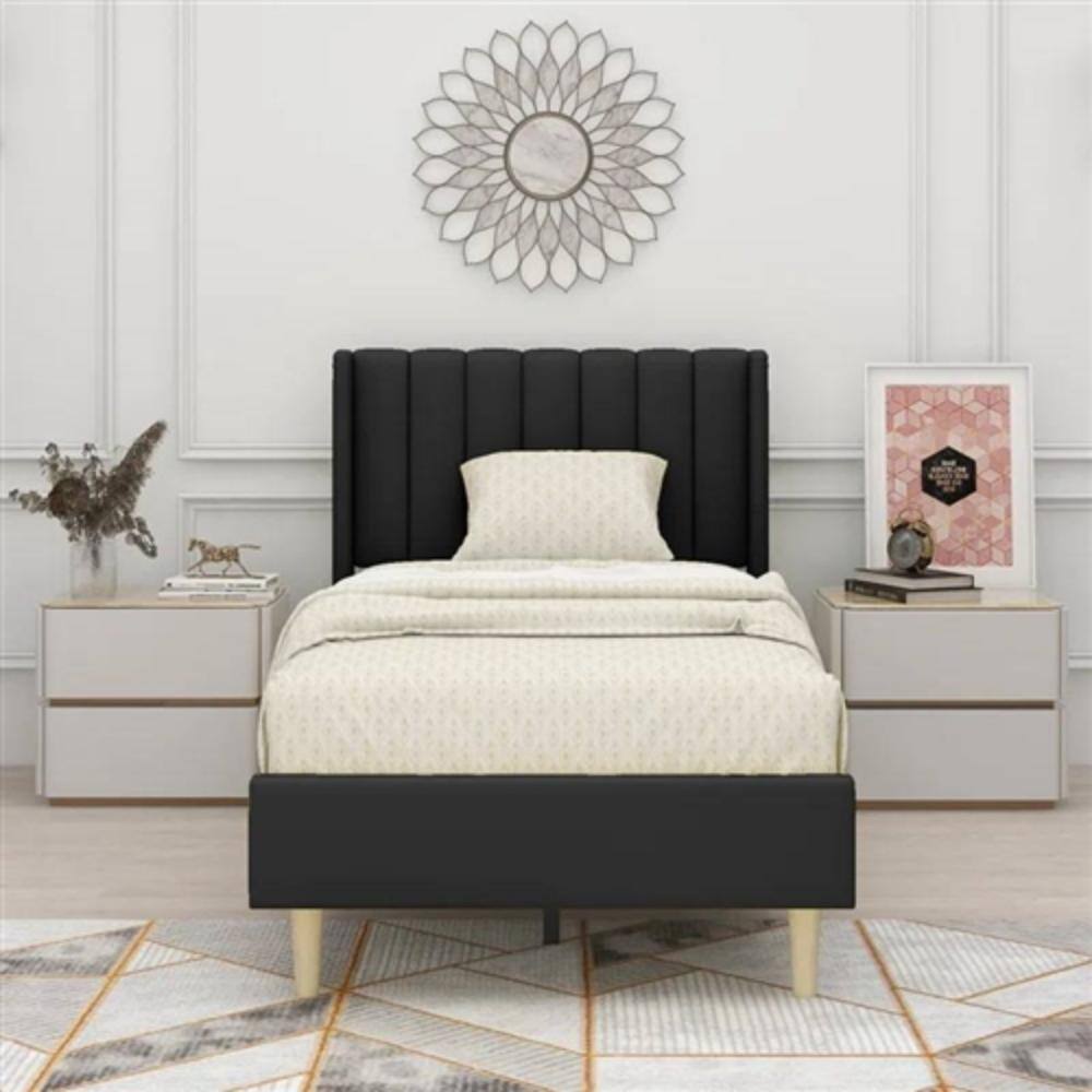 Angle. Hivvago - Twin size Mid-Century Black Linen Platform Bed Frame with Upholstered Headboard - Black.