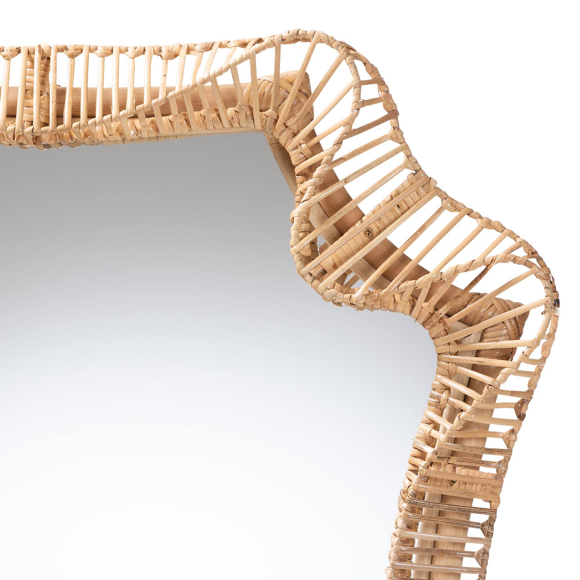 Angle. bali & pari - Yusra Natural Rattan Wall Mirror – Handwoven Wicker Frame with Freeform Silhouette, Coastal Boho Wall Décor - Natural Brown.