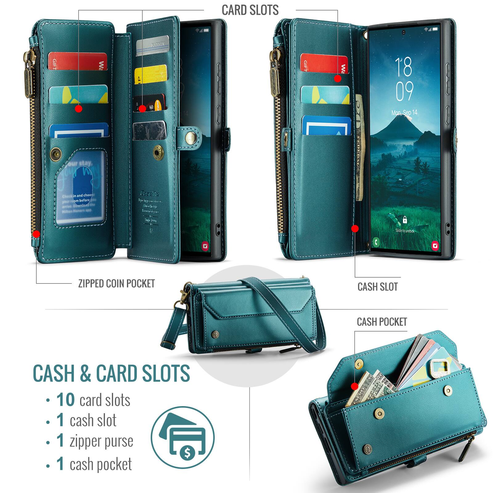 CARD SLOTS

ZIPPED COIN POCKET

CASH & CARD SLOTS
- 10 card slots
- 1 cash slot
- 1 zipper purse
- 1 cash pocket