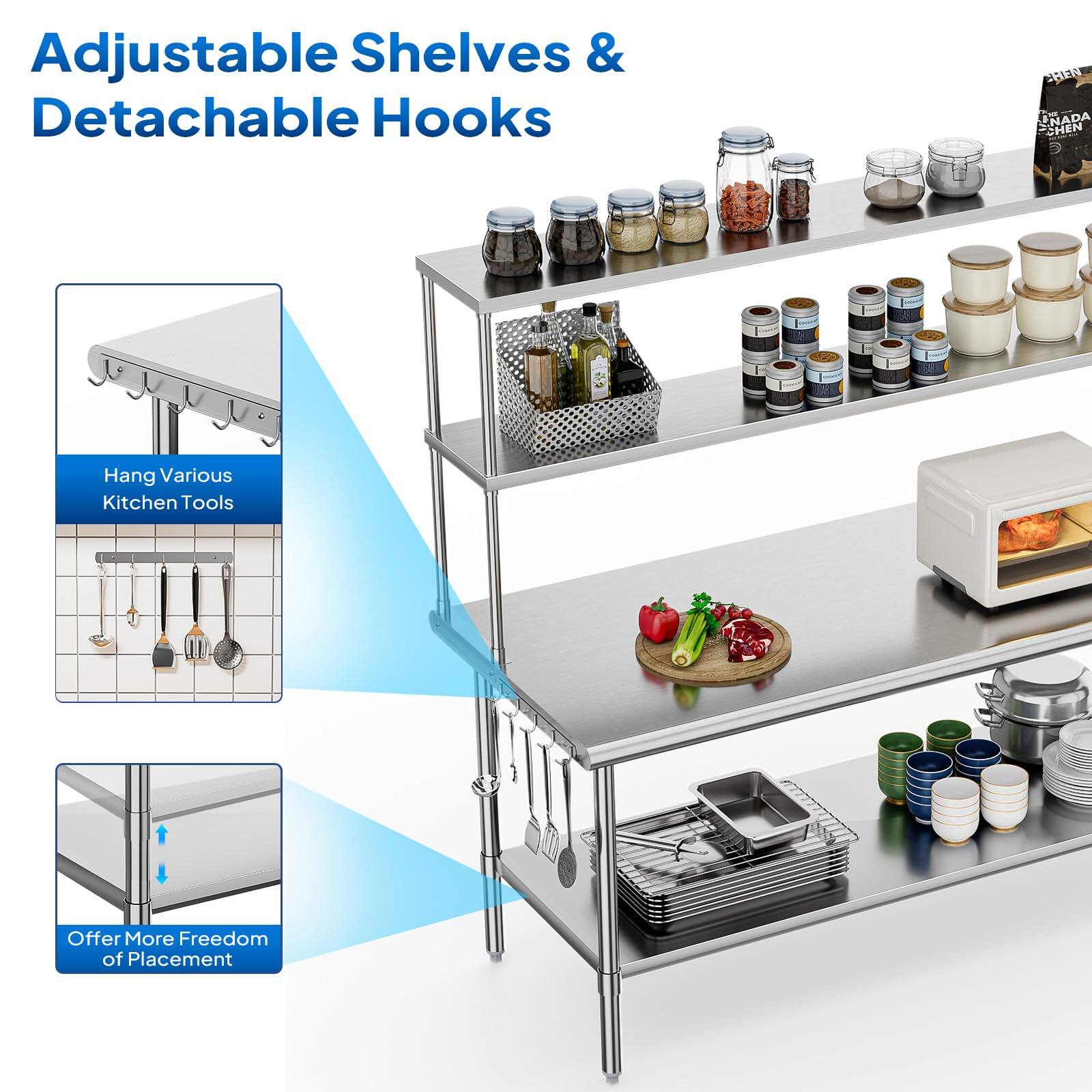 Adjustable Shelves & Detachable Hooks

- Hang Various Kitchen Tools
- Offer More Freedom of Placement
