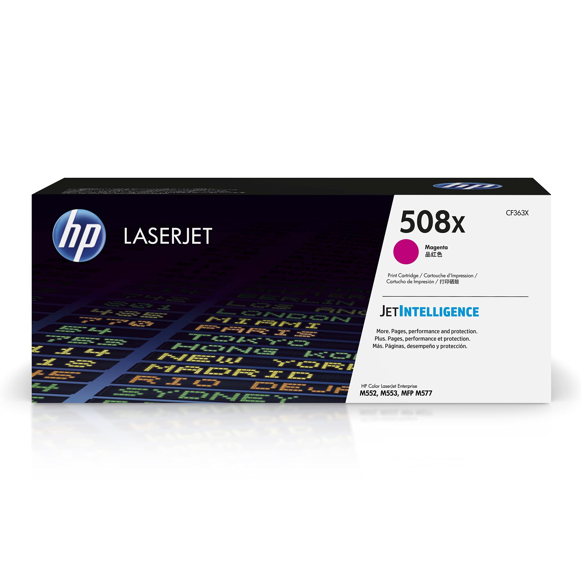 Sure, here is the corrected and grouped text from the image:

---

**HP LASERJET**

**508x**  
CF363X  
Magenta

Print Cartridge / Cartouche d'impression / Cartucho de impresión / 打印墨盒

**JETINTELLIGENCE**  
More. Pages, performance and protection.  
Plus. Pages, performance et protection.  
Más. Páginas, desempeño y protección.

HP Color LaserJet Enterprise  
M552, M553, MFP M577

---

This text is organized to reflect the information on the packaging of the HP LaserJet 508x Magenta print cartridge.