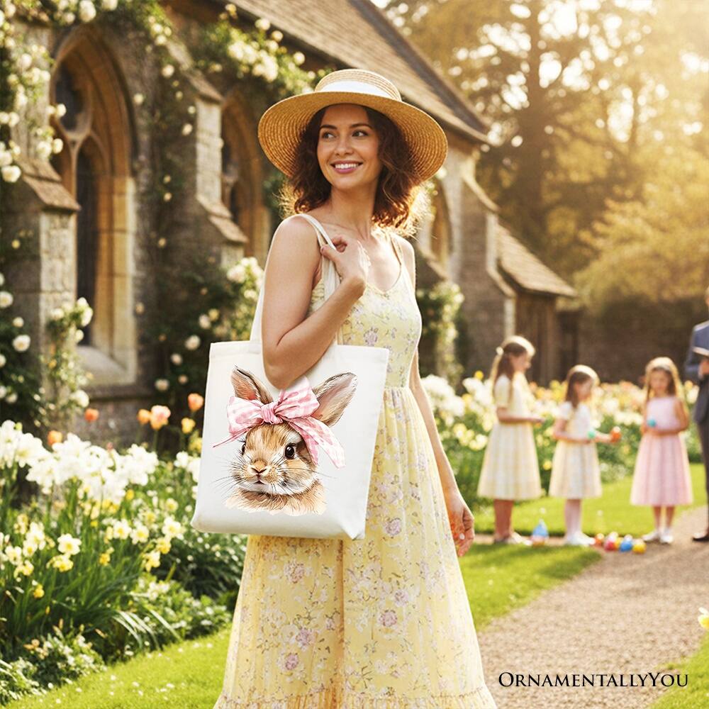 Left. OrnamentallyYou - Easter Bunny Coquette Pink Bow Tote Bag, Cute Watercolor Gift Shopper - White.