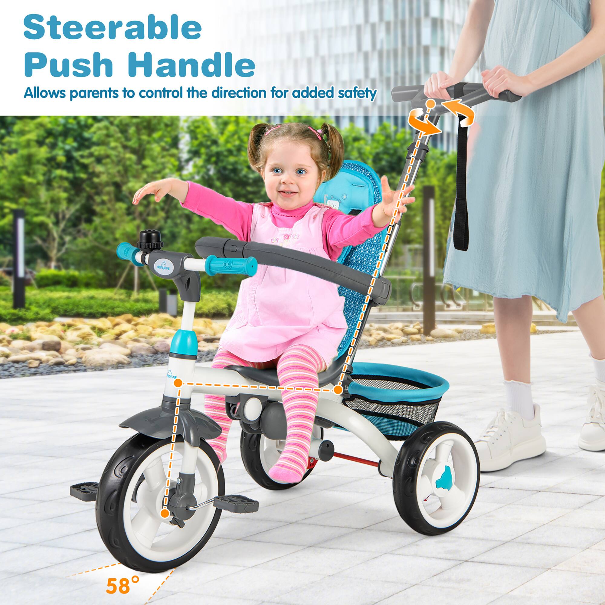 Steerable Push Handle  
Allows parents to control the direction for added safety  

58°